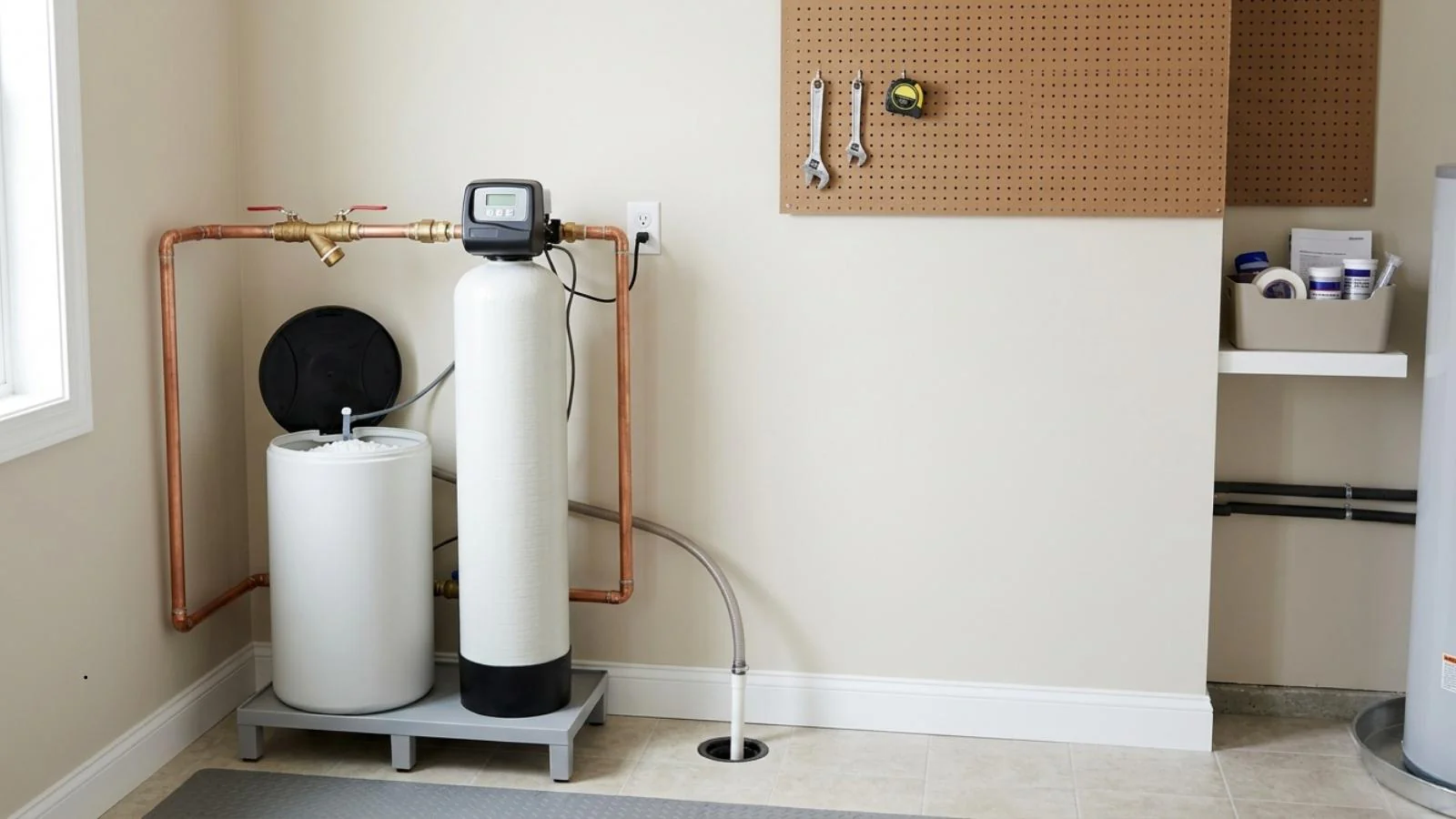 Water softener and brine tank installed in a home utility room