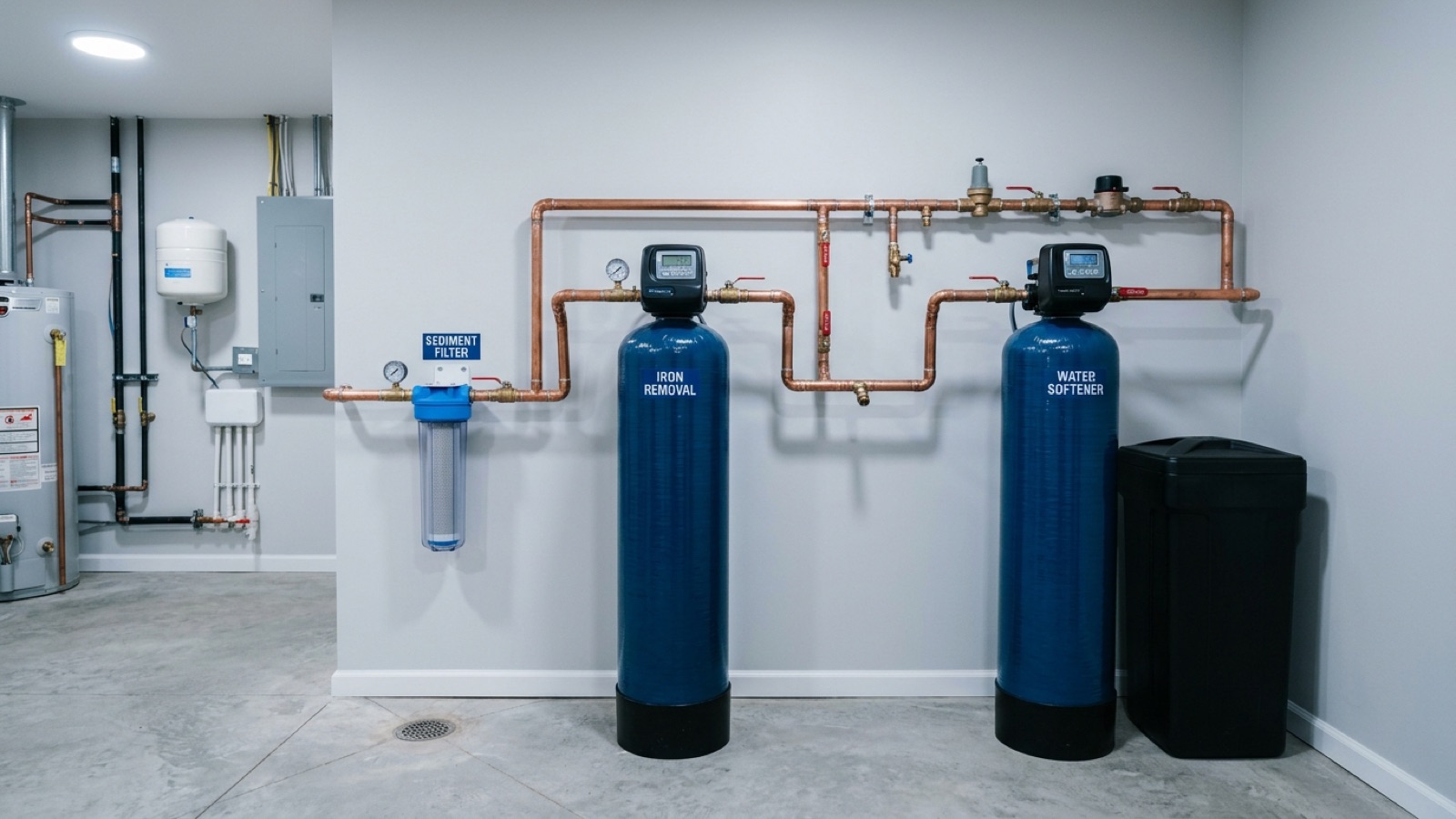 Well water treatment system with sediment filter, iron removal, and water softener