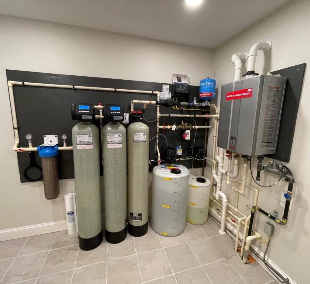 Whole-home water filtration and softening system installed at the point of entry